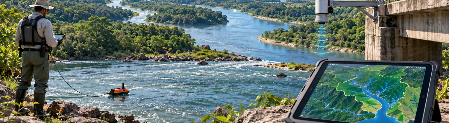 Rio, monitoramento de vazão e visualização de bacia hidrográfica
